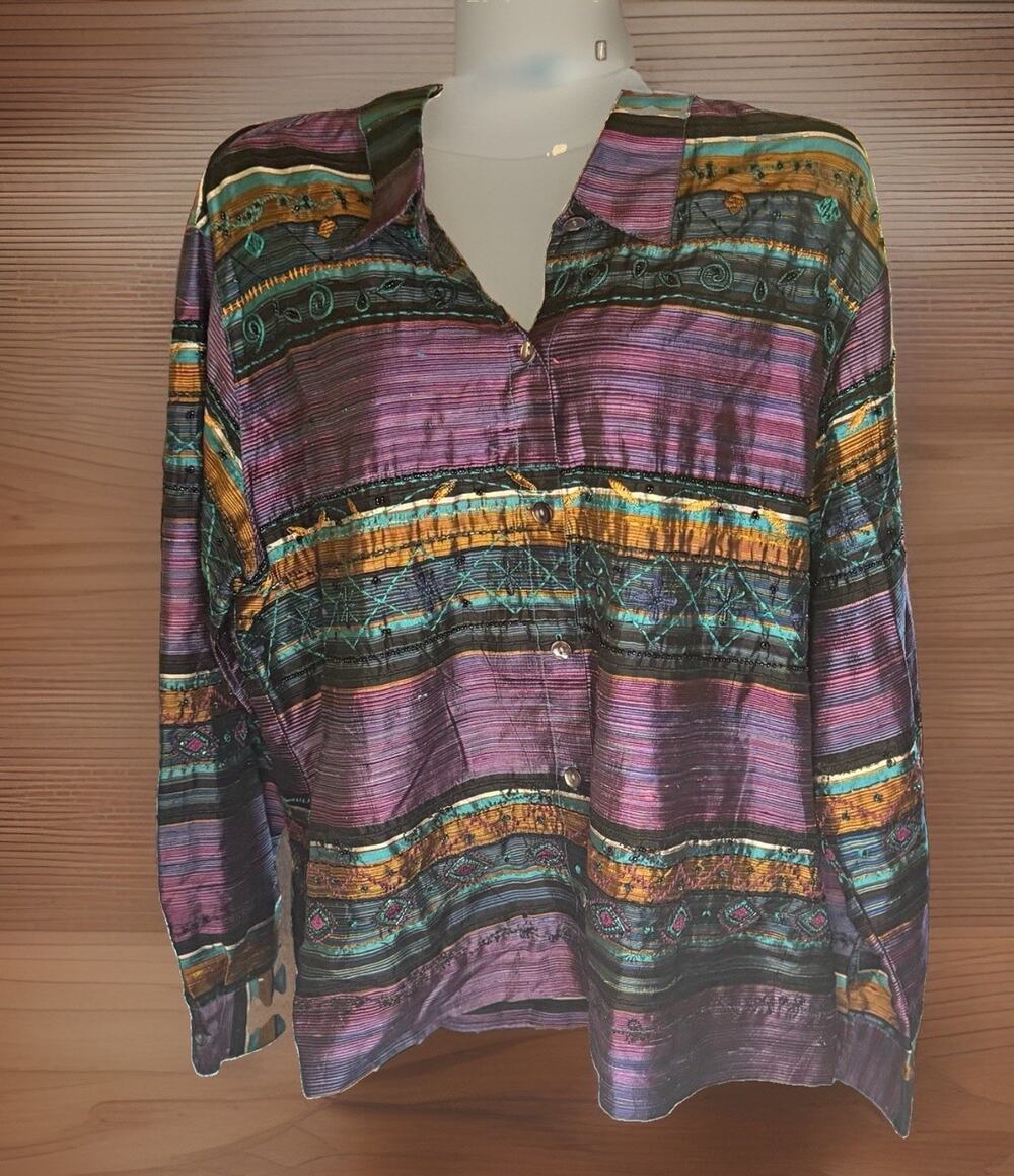 Chico's Design Purple Multicolor Striped Embroidered Silk Rayon Blouse 2